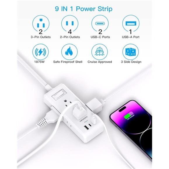 Flat Plug Power Strip, Ultra Thin Extension Cord, 6 Outlets 3 USB Ports(2 USB C) - Picture 2 of 8